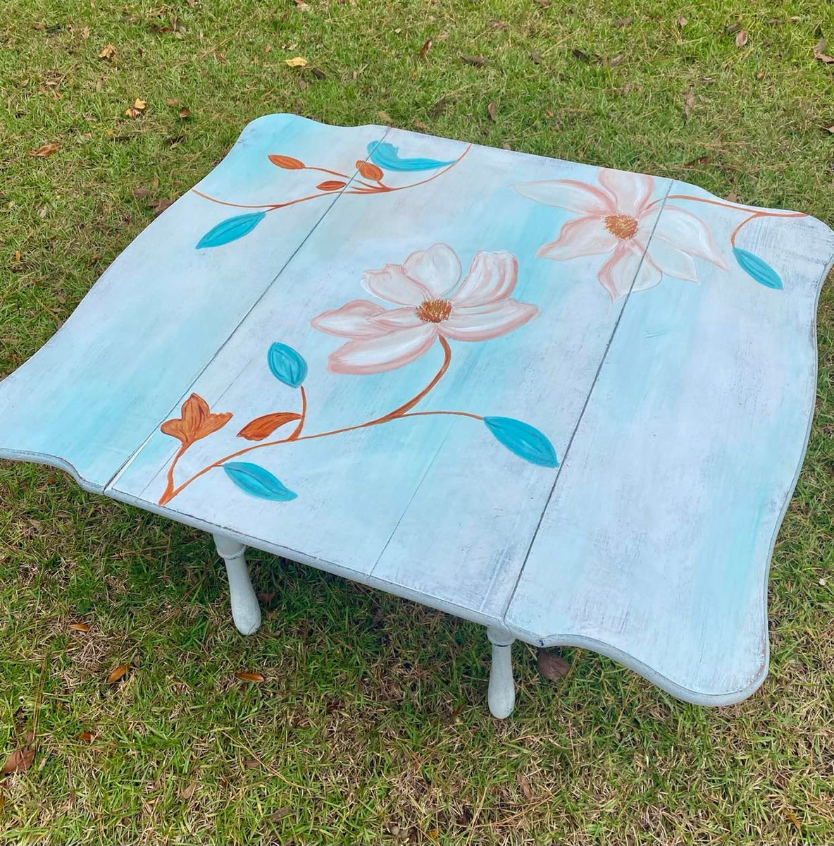 Hand Painted Floral Vintage, Drop Leaf, Coffee Table Rustic Chic Color