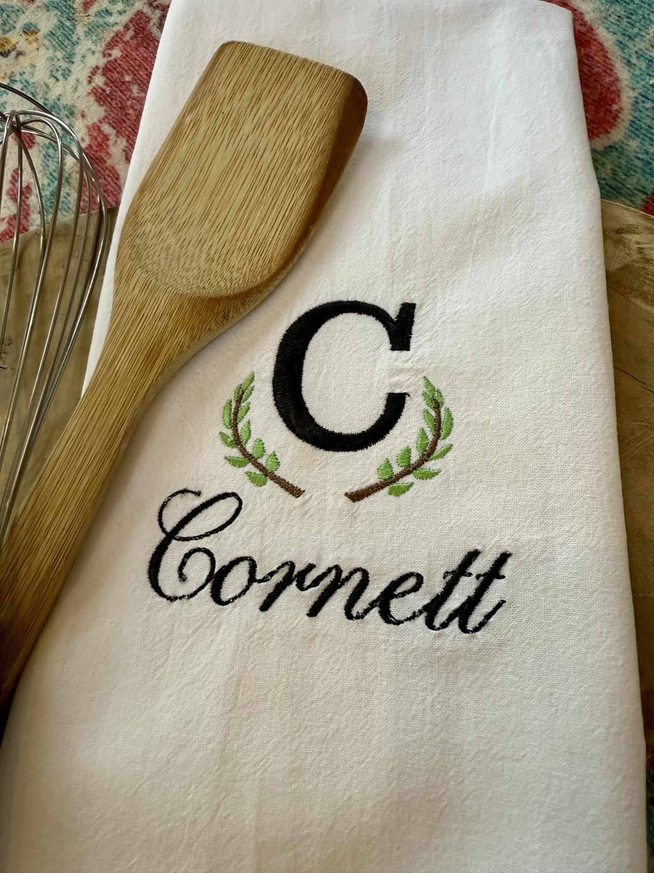 Personalized Embroidered Flour Sack Hand Towel - Monogram Initial with Last Name and Greenery