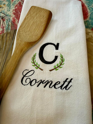 Personalized Embroidered Flour Sack Hand Towel - Monogram Initial with Last Name and Greenery