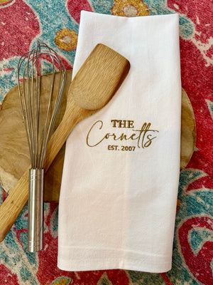 Personalized Embroidered Flour Sack Hand Towel -Last Name with EST date